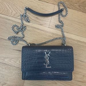 Saint Laurent Grey Croc Embossed Leather Mini Sunset Chain Bag